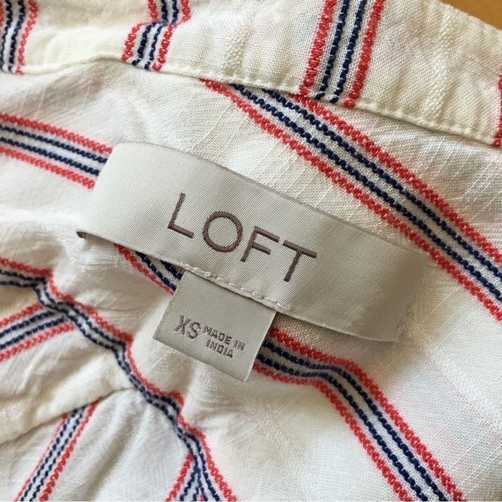 LOFT Striped Long Sleeve Casual Blouse Cream Ivory Ecru Red Navy Size XS - Picture 7 of 13